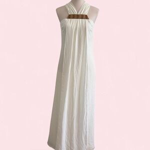 Y2K Belle Badgley Mischka White Halter‎ Maxi Dress with Brown Beaded Detail NWT
